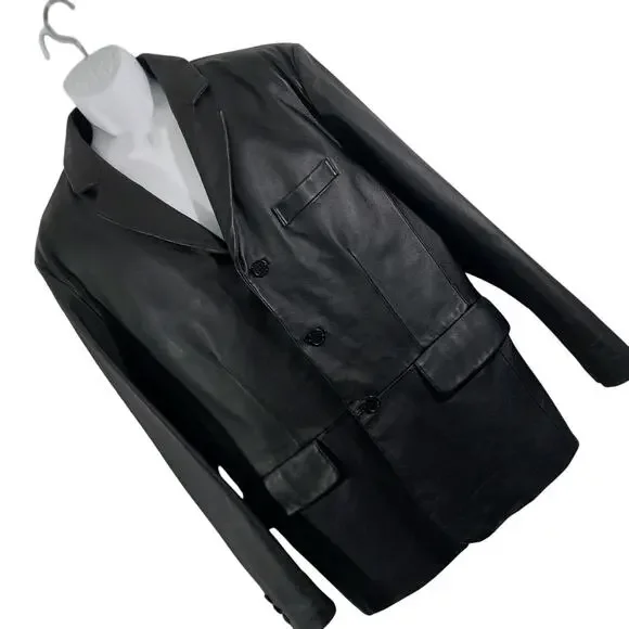 EXCELLED! LUXURIOUS BLACK GENUINE LEATHER TAILORED FREES JACKET, BLAZER! SZ M